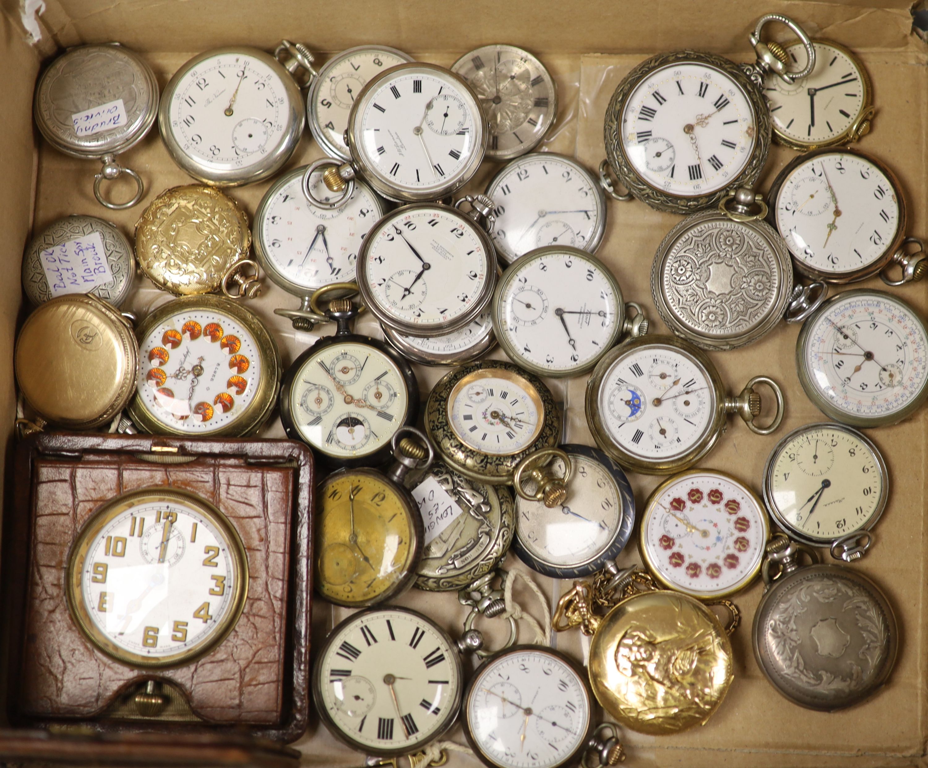 A collection of assorted mainly white metal an base metal pocket watches including silver J.W. Benson, Zenith and Longines.